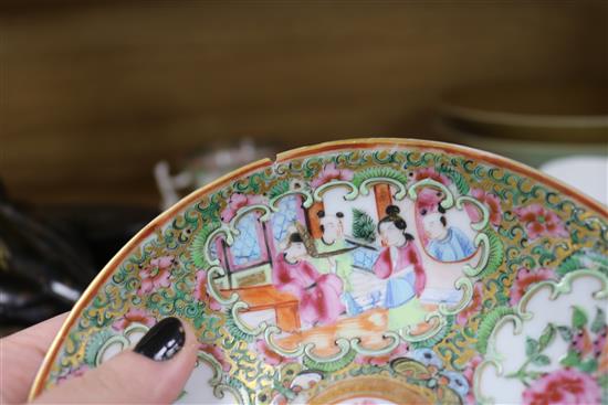 Two Chinese tea bowls , Cantonese cup and saucer, plate and two dishes